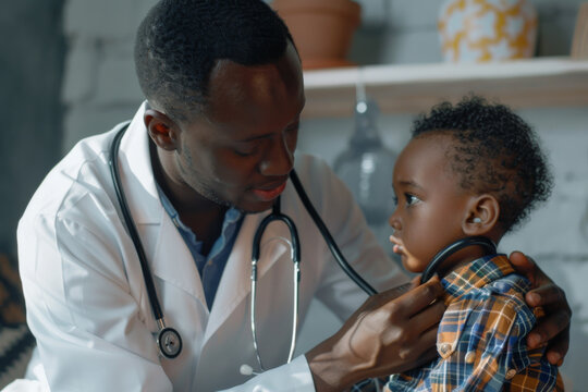 Pediatrician examining a young boy with a stethoscope outdoors.