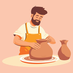 Potter working on a pottery wheel Cartoon Vector Illustration