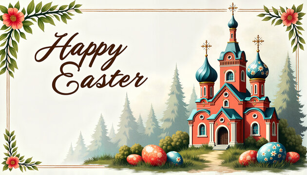 Easter greeting card with church and decorated eggs