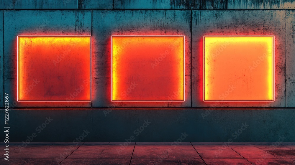 Poster neon illuminated rectangular frames on a textured urban wall creating a vibrant atmosphere for adver