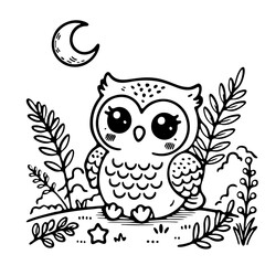 cute owl at night illustration for coloring books