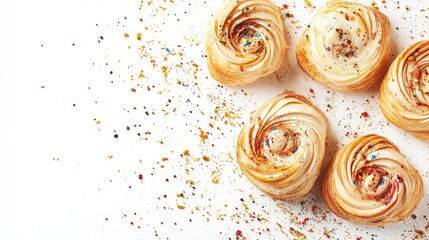 Fototapeta premium Freshly Baked Swirl Pastries with Colorful Sprinkles on a White Background