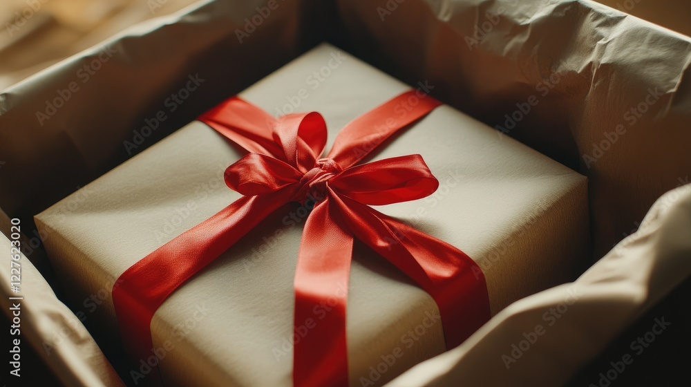 Poster elegant gift box with red ribbon partially open showcasing contents inside and ample blank space for