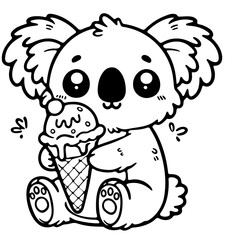 cute koala eat ice cream illustration for coloring books