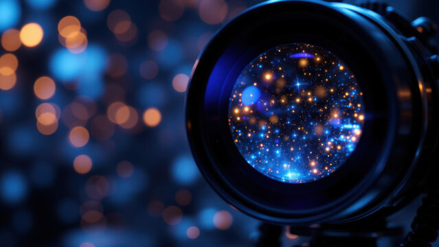 A professional camera lens capturing a starry night scene with bokeh lights.