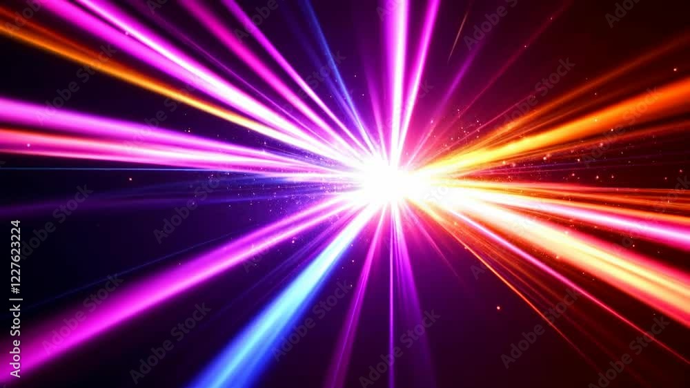 Poster vibrant light streaks radiate from a central point in a dark background, creating a dynamic and ener