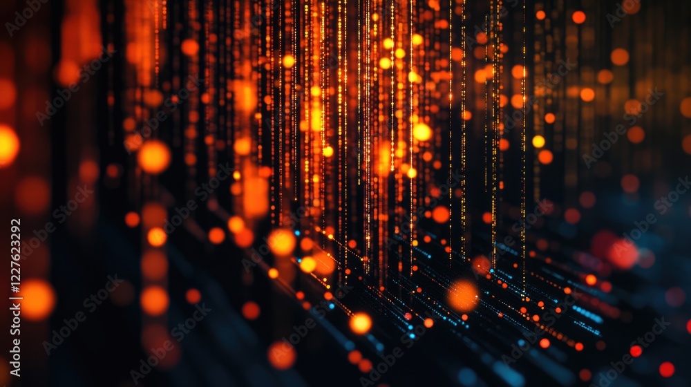 Poster digital data streams with bright particles representing information technology and project planning 