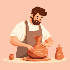 Potter working on a pottery wheel Cartoon Vector Illustration
