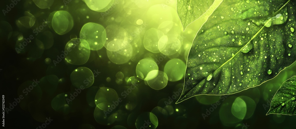 Poster Fresh Green Leaf with Dew and Bokeh Background for Ecology and Environmental Themes Featuring Soft Sunlight and Copy Space for Text