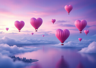 Fototapeta premium Heart-shaped hot air balloons float gently above a serene lake, creating a romantic atmosphere as the sun sets, filling the sky with beautiful hues of pink and purple