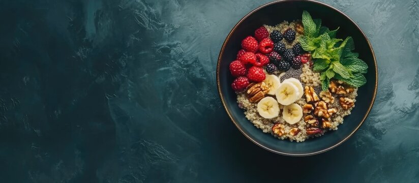 Quinoa Breakfast Bowl with Fresh Berries Mint Chia Seeds Banana and Walnuts on Dark Surface with Copy Space for Text