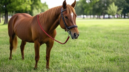 Horse standing in a vibrant summer meadow with a leash, showcasing a serene park setting and natural beauty.