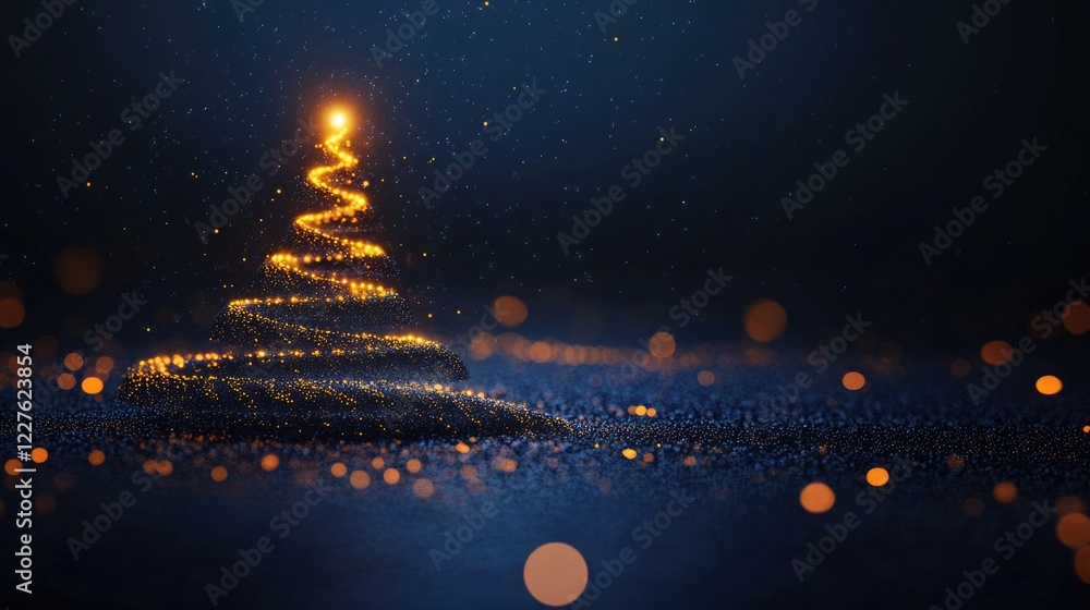 Poster illuminated christmas tree with sparkling ornaments set against a dark blue bokeh background creatin