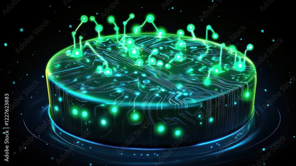 Poster glowing futuristic circuit board with intricate lines and luminous green elements