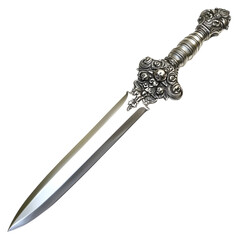 A shiny silver dagger with an ornate handle on white background