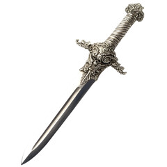 A shiny silver dagger with an ornate handle on white background