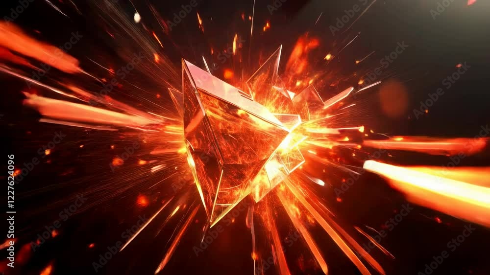 Poster fiery explosion of a triangular crystal, radiating intense orange and red light streaks against a da