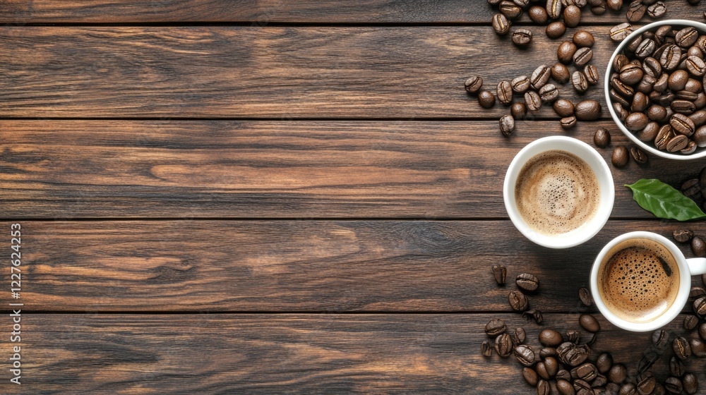 Poster steaming espresso cups on a rustic wooden table with coffee beans and space for custom text in a coz