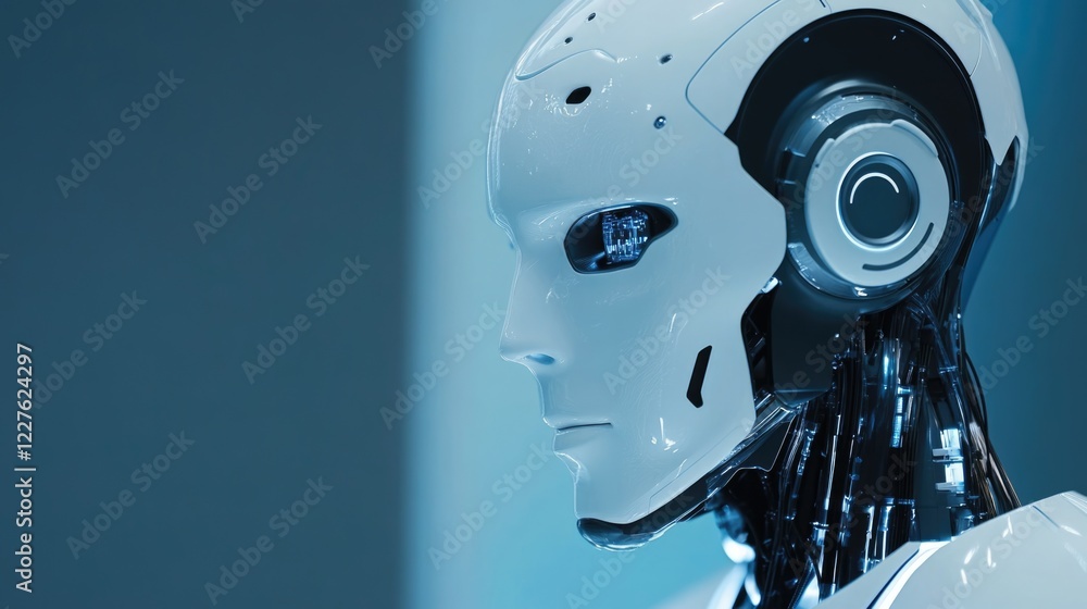 Poster ai innovation and ethical data analysis visual with futuristic robot profile and blank space for tex
