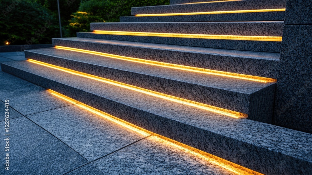 Poster illuminated staircase design with marble and granite paving in landscaped setting featuring warm lig