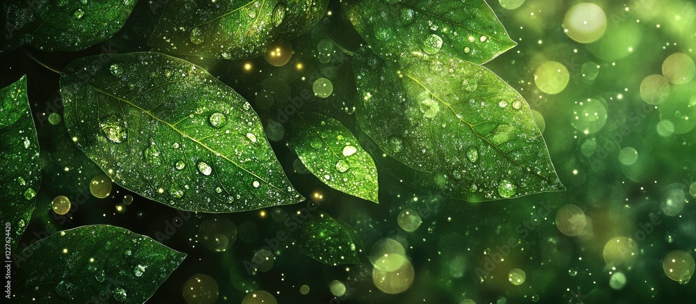Poster fresh green leaf with dew in sunlight bokeh background ideal for ecology and environmental concepts 