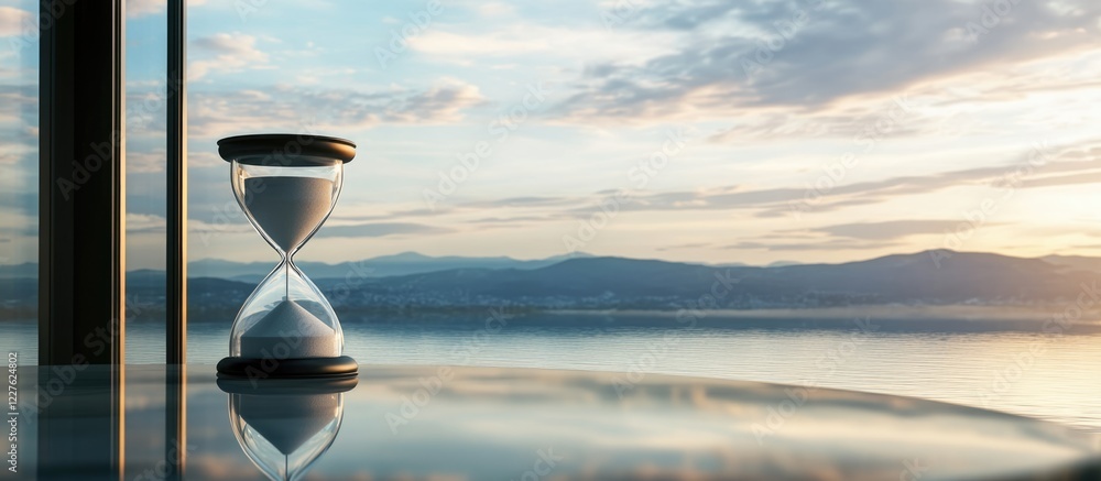 Aufkleber Hourglass on table overlooking serene lake and sky representing tranquility and time with ample space for text insertion.