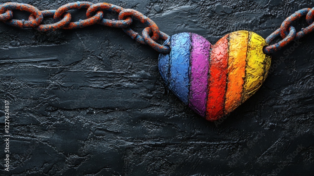 Poster rainbow heart surrounded by chains symbolizing oppression and the fight for freedom stock photo with