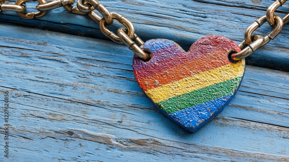 Poster rainbow heart surrounded by chains symbolizing oppression and the fight for freedom stock photo with
