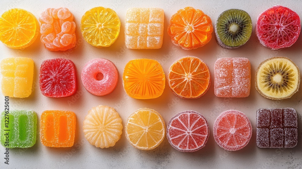 Aufkleber assorted handmade fruit-flavored marmalade candies in various shapes on bright background sweet trea