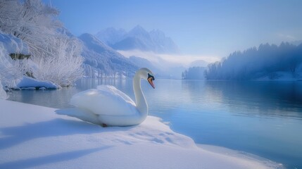 Beautiful majestic landscape with snow covered forest and lake