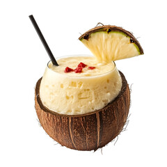 A tropical pina colada in a coconut shell with a straw on white background