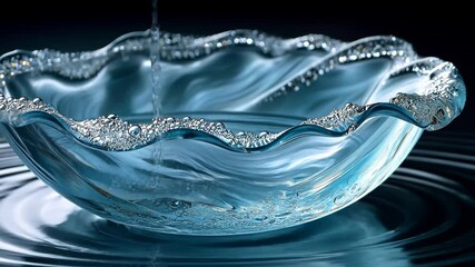 Elegant blue glass bowl with wavy edges reflecting light on water - Powered by Adobe