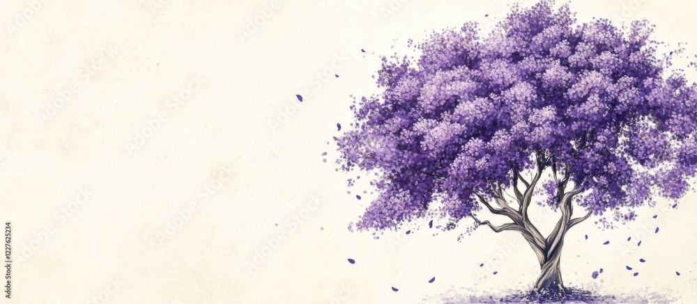 Poster jacaranda tree displaying vibrant purple blossoms against a soft background with ample blank space f