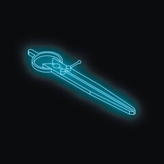 Neon blue caliper glowing on dark background, representing engineering, precision, and measurement