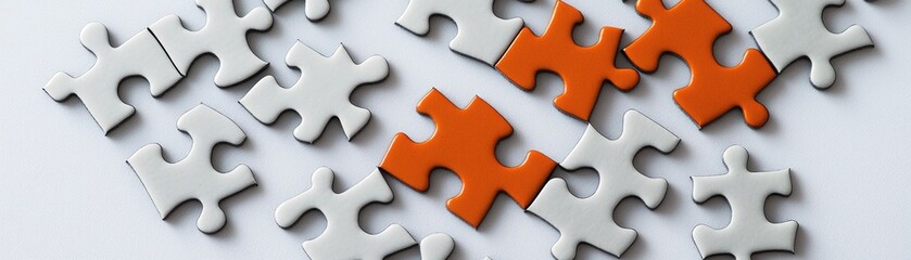 Fototapeta premium A close-up of scattered puzzle pieces, featuring white and orange colors, illustrating the concept of problem-solving and creativity.
