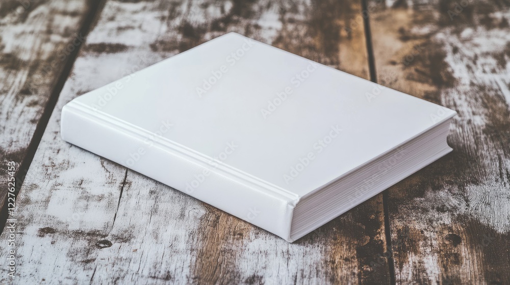Poster white book on rustic wooden desk surface with natural texture and depth of field effect
