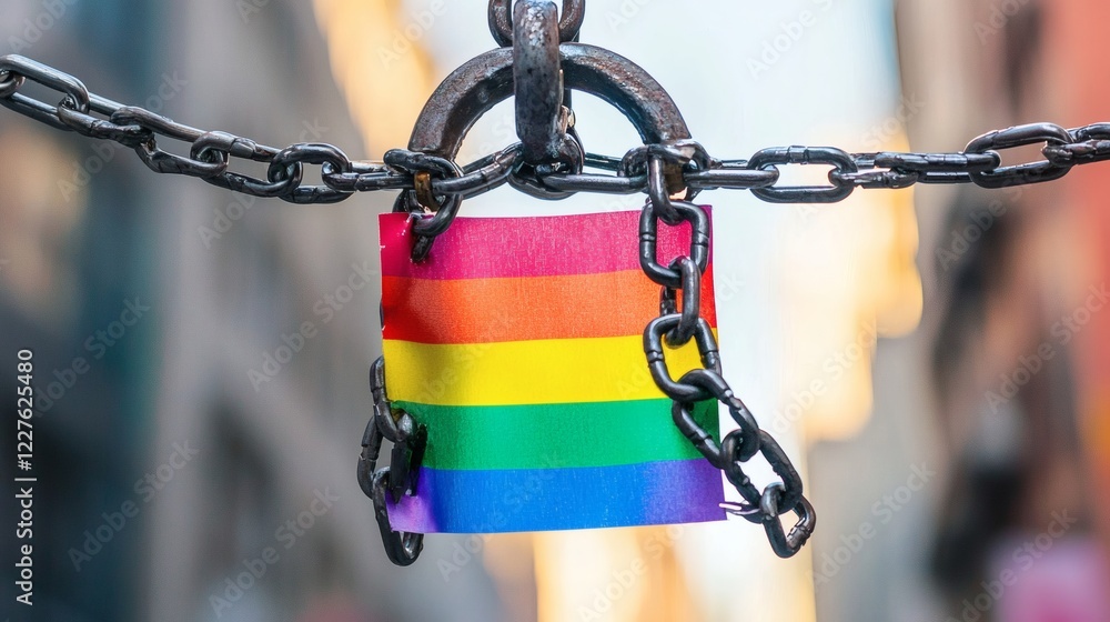 Poster activists chaining themselves to government structures to protest lgbtq discrimination stock photo w