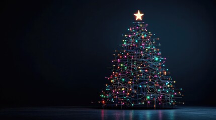 A beautifully lit Christmas tree with colorful lights and a star topper, set against a dark background, creating a festive atmosphere.