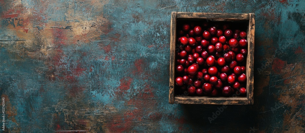 Poster handpicked red cranberries in a rustic wooden basket displayed from above with a textured background