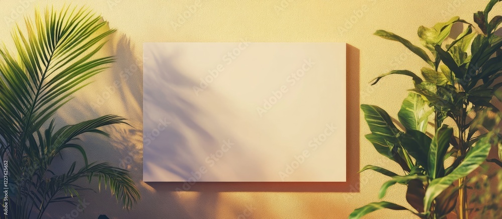 Poster minimalist blank canvas mockup on vibrant wall adorned with greenery creating a serene interior desi