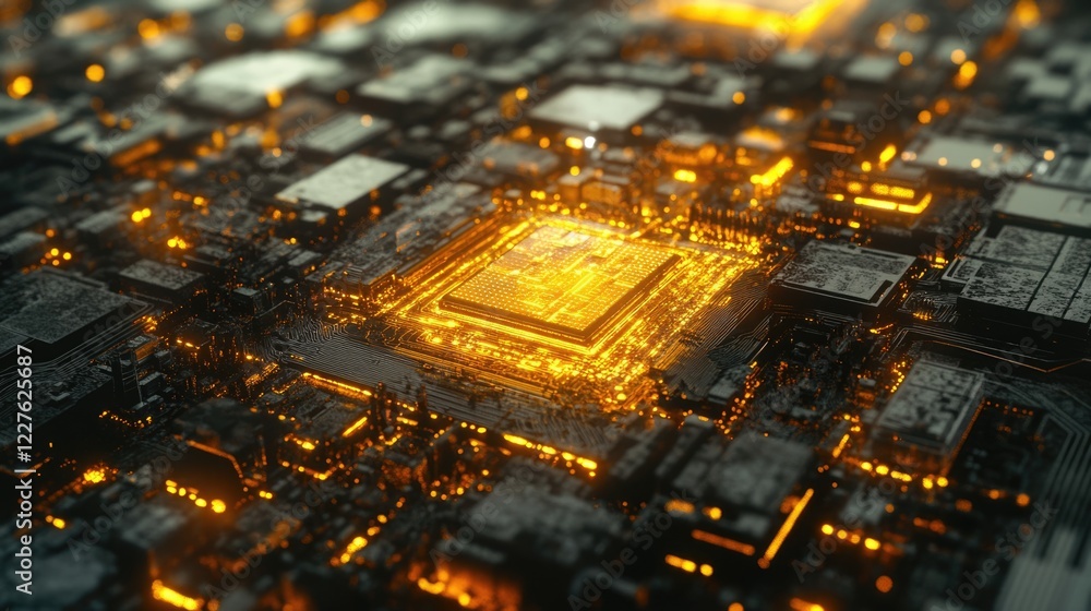 Poster glowing microchip surrounded by intricate circuitry showcasing advanced technology in a professional