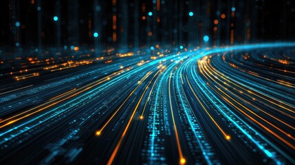 A vibrant, abstract representation of flowing data streams, featuring glowing blue and orange light trails on a dark background.