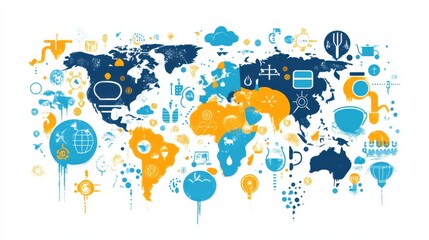Naklejka premium Colorful world map illustration featuring various icons representing global themes and activities