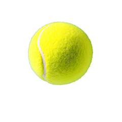 A yellow tennis ball bouncing in mid-air on white background