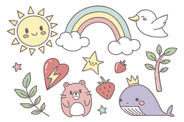 Cute hand-drawn icons, colorful children's illustrations, whimsical animals, celestial symbols, nature elements, kawaii style, pastel colors, simple shapes, playful design, sun, moon, lightning bolt, 