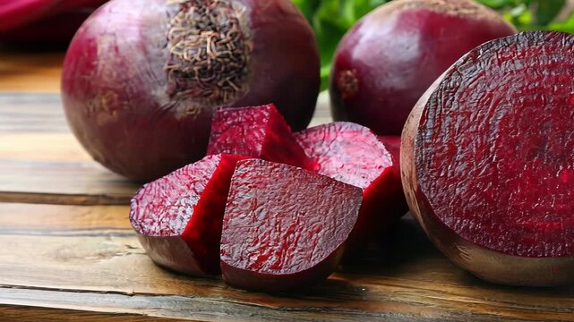 Freshly sliced beetroots on wooden table with leafy greens in background