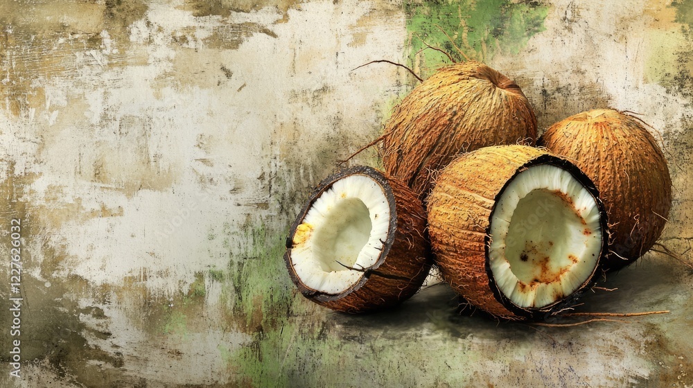 Poster unhealthy coconuts with rot and decay showcasing texture and color variations on a weathered backgro