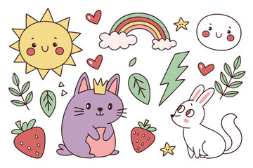 Cute hand-drawn icons, colorful children's illustrations, whimsical animals, celestial symbols, nature elements, kawaii style, pastel colors, simple shapes, playful design, sun, moon, lightning bolt, 