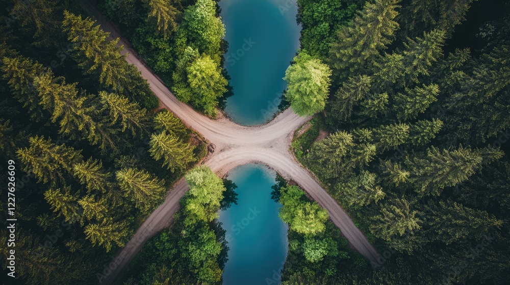 Poster forest road intersection by a serene pond surrounded by lush greenery symbolizing choices and paths 