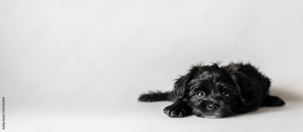Poster adorable black puppy resting on a white background with ample copyspace for text or branding in a se